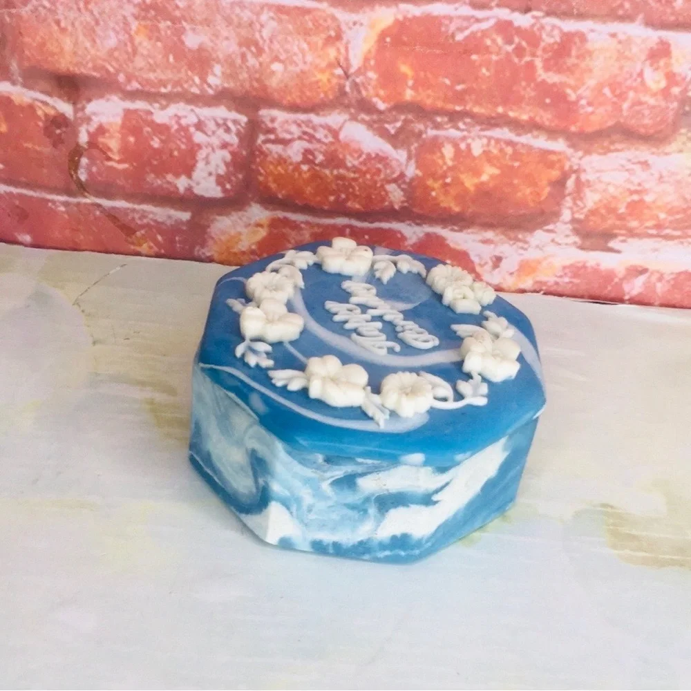 Vintage Blue and White Floral Embossed Happy Birthday Incolay Stone Trinket Box